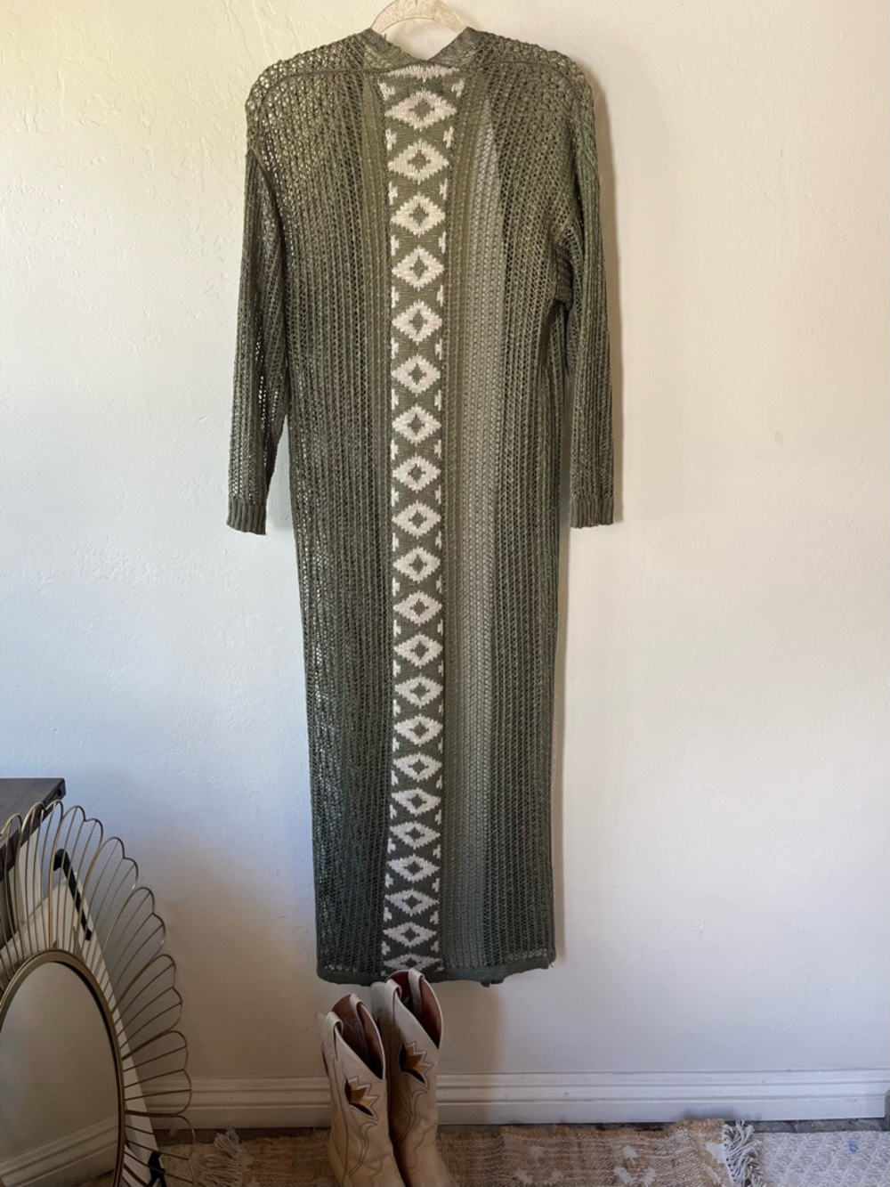 Open Knit Crochet Maxi Cardigan Duster with Center Aztec Stripe - Olive & Cream